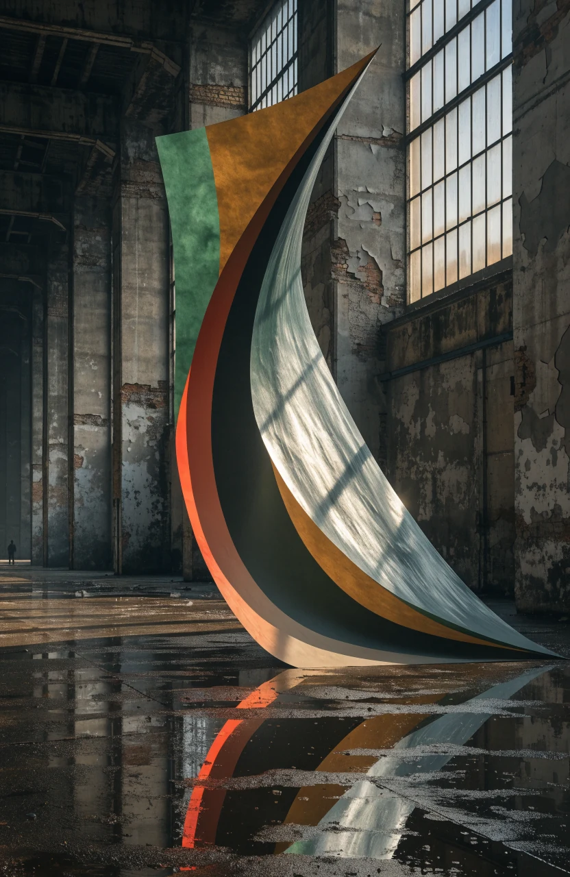 Skulpturale, eigenständig erzeugte Materialstudie in einer dunklen Halle