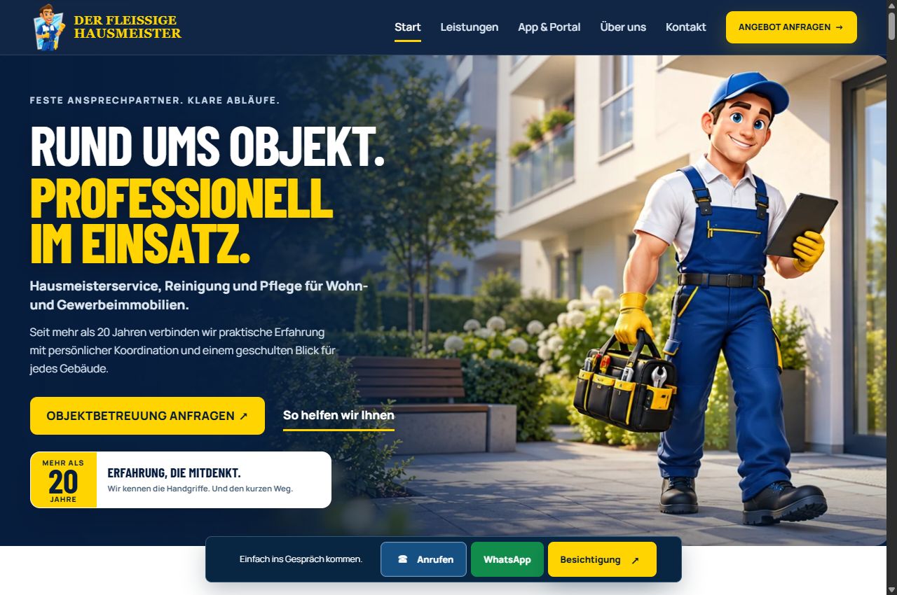 Aktueller Seitenauftakt Der fleißige Hausmeister mit klarer Servicebotschaft und direktem Anfrageweg