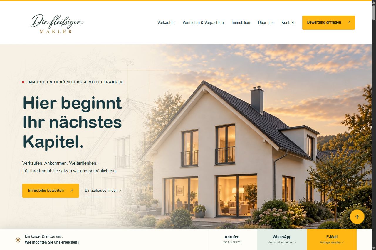 Aktueller Seitenauftakt Die fleißigen Makler mit Architekturmotiv und den Wegen zur Bewertung und Immobiliensuche