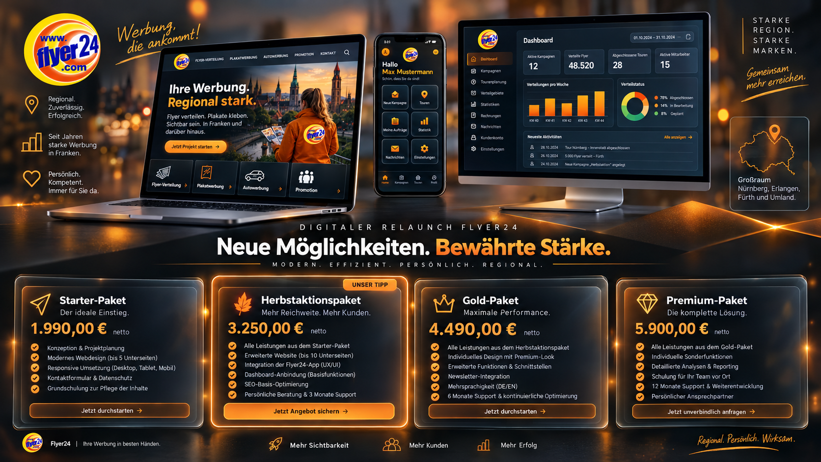 Dunkles Flyer24 Gestaltungsmodell mit Website, mobilen Ansichten und beispielhafter Paketdarstellung