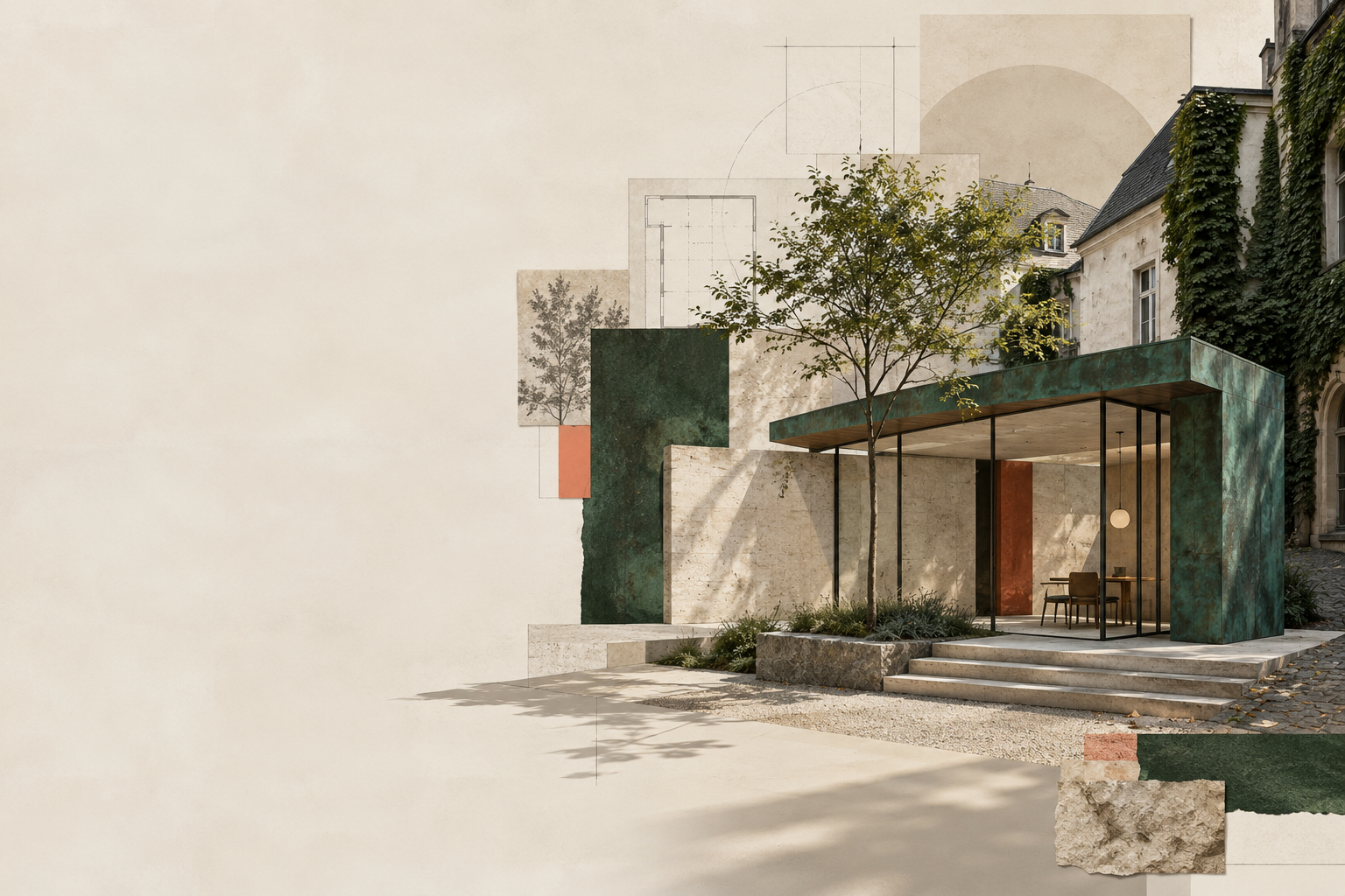Eigene architektonische Bildmontage mit Pavillon, Materialflächen und zeichnerischen Ebenen