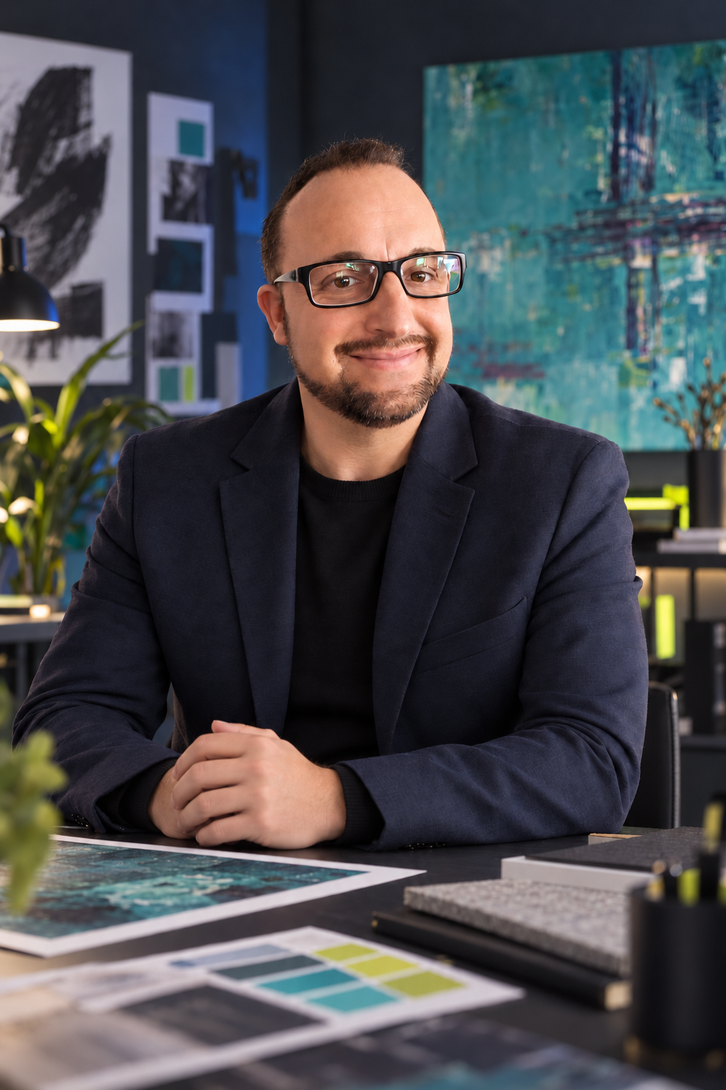 Designerporträt von Matthias im Atelier, mit Brille und dunklem Sakko