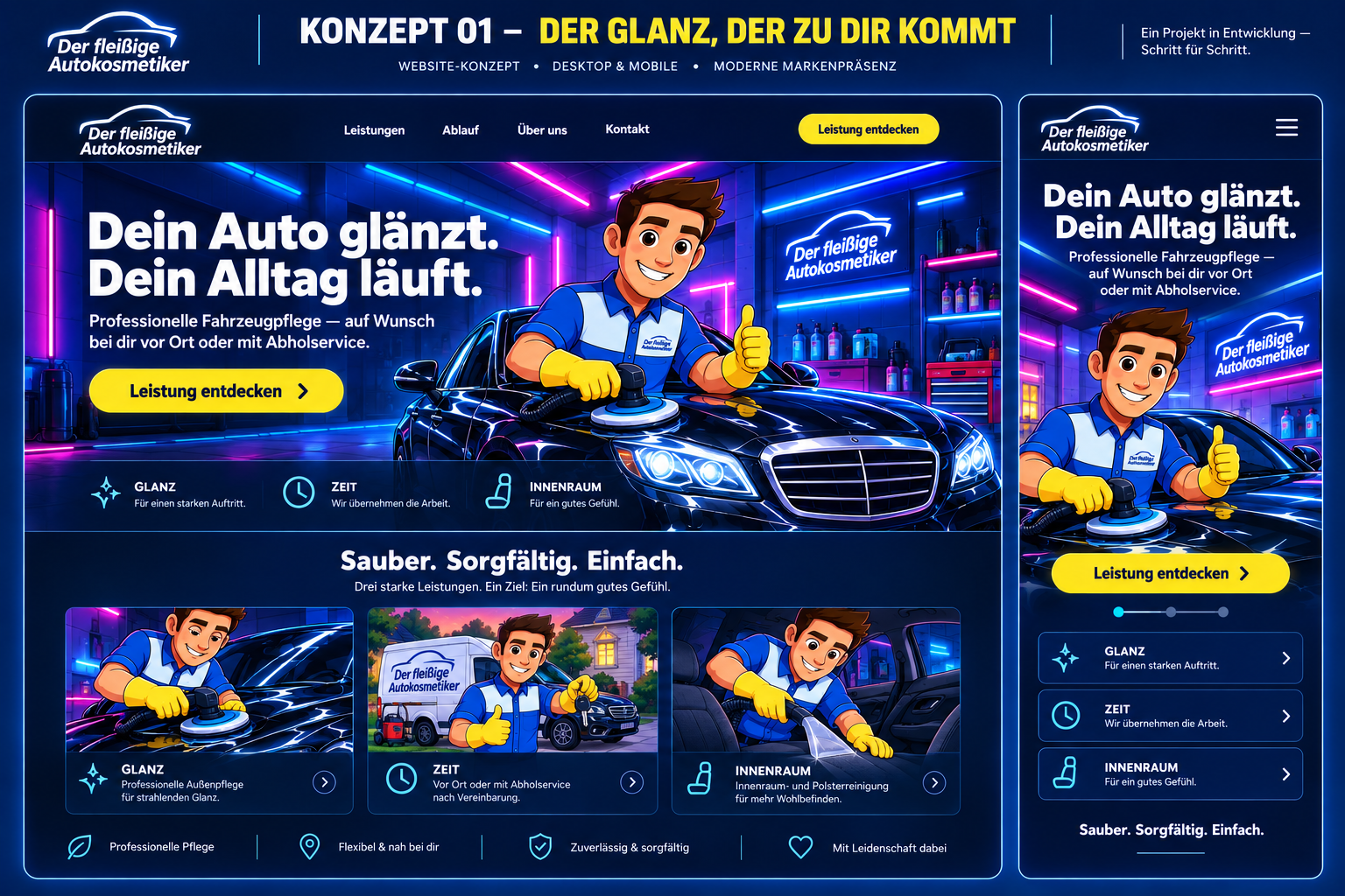 Früher Kampagnenentwurf mit Desktop- und Mobilansicht für den Autokosmetiker