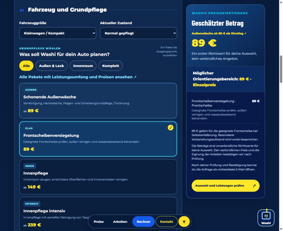 Preisrechner mit Auswahl in einzelnen Schritten