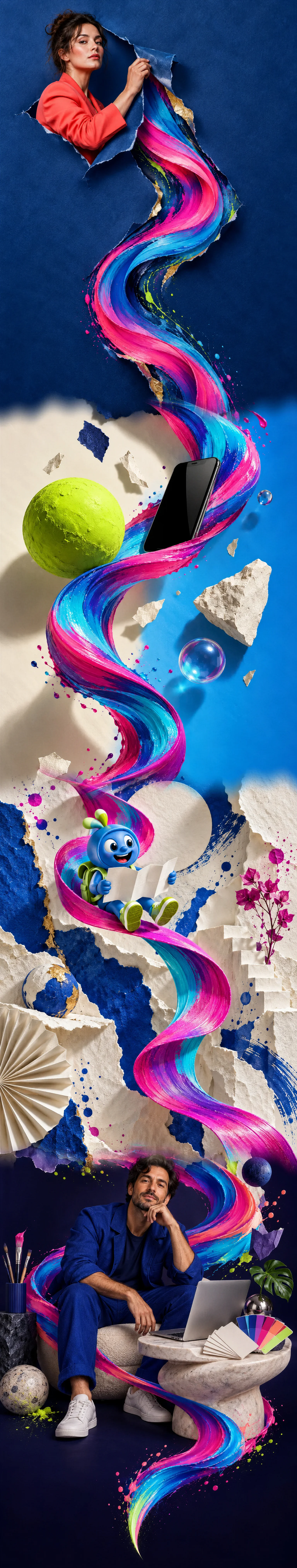 Lange, zusammenhängende KI-gestützte Bildmontage: Eine Frau öffnet blaues Papier. Ein pink-blaues Farbband führt über eine neongrüne Kugel und ein Smartphone zu einer gezeichneten Figur mit Faltblatt und schließlich zu einem fiktiven Gestalter mit Laptop und Farbfächern.