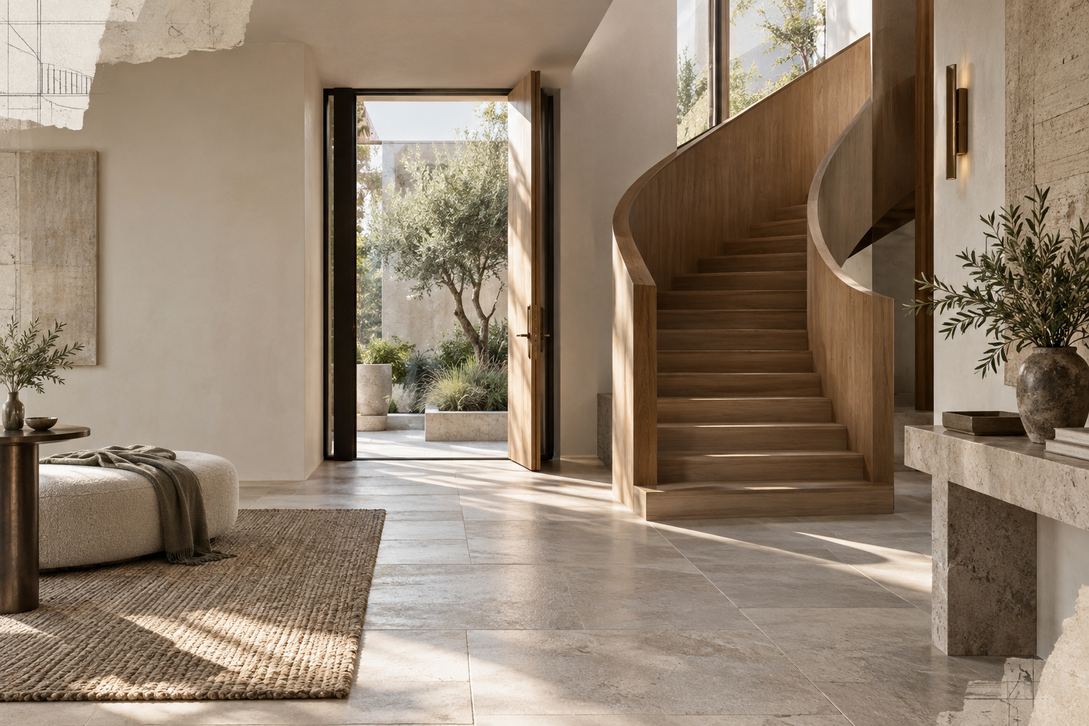 Neu erzeugtes Innenraummotiv mit skulpturaler Holztreppe und Blick in einen Hof