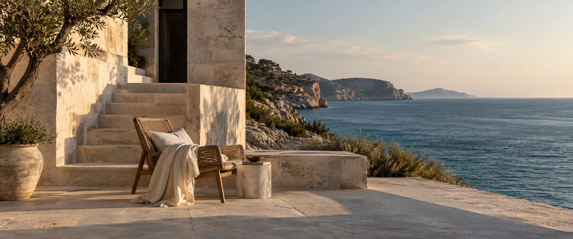 Eigene KI-gestützte Aufnahme einer hellen Terrasse mit Blick auf das Meer