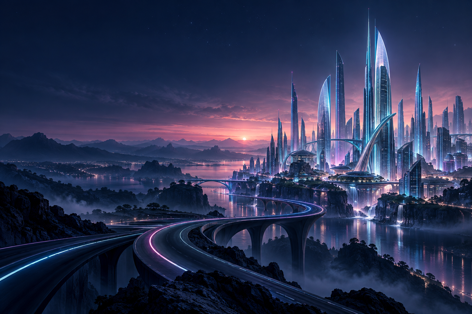 KI-Designstudie: Zukunftsstadt mit Cyan- und Magenta-Lichtern